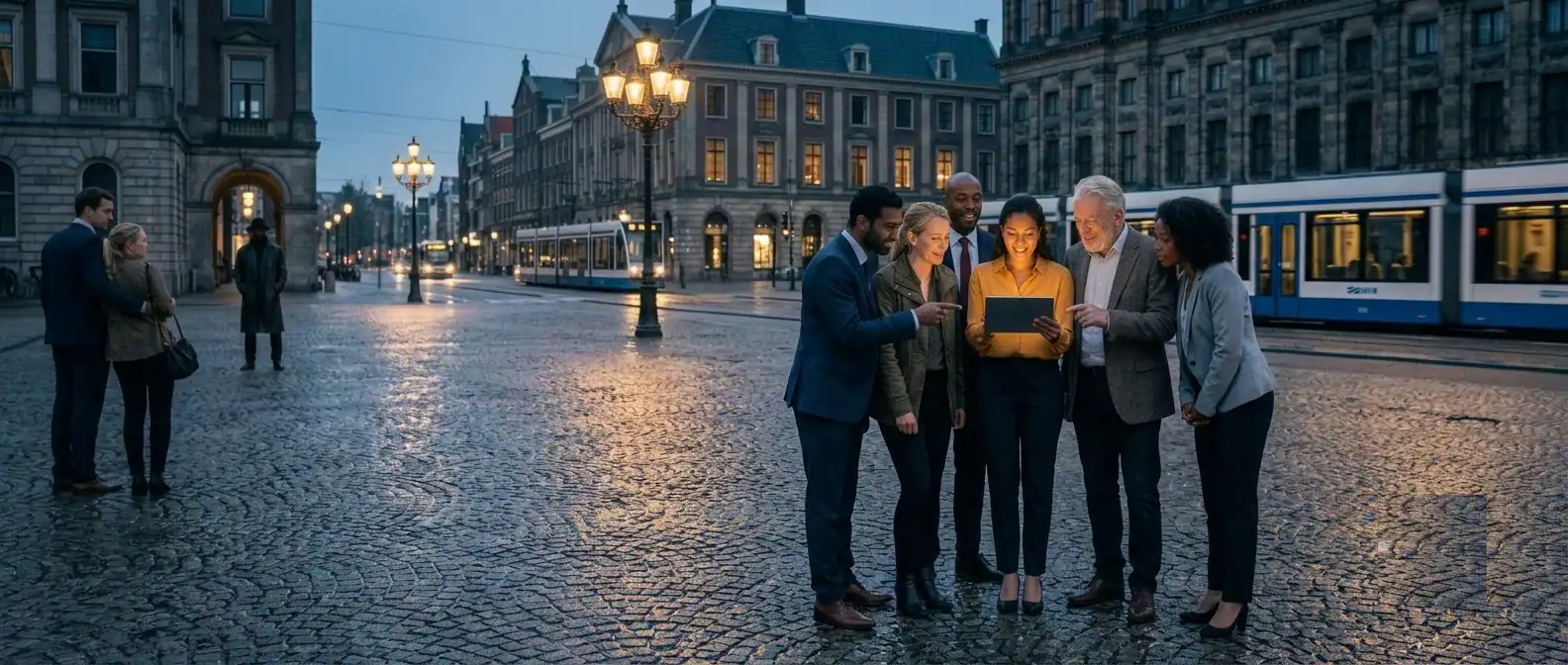 Bedrijfsuitje met acteurs, lachende collega’s ontdekken samen de eerste aanwijzing tijdens een teamevent van NEVERREST