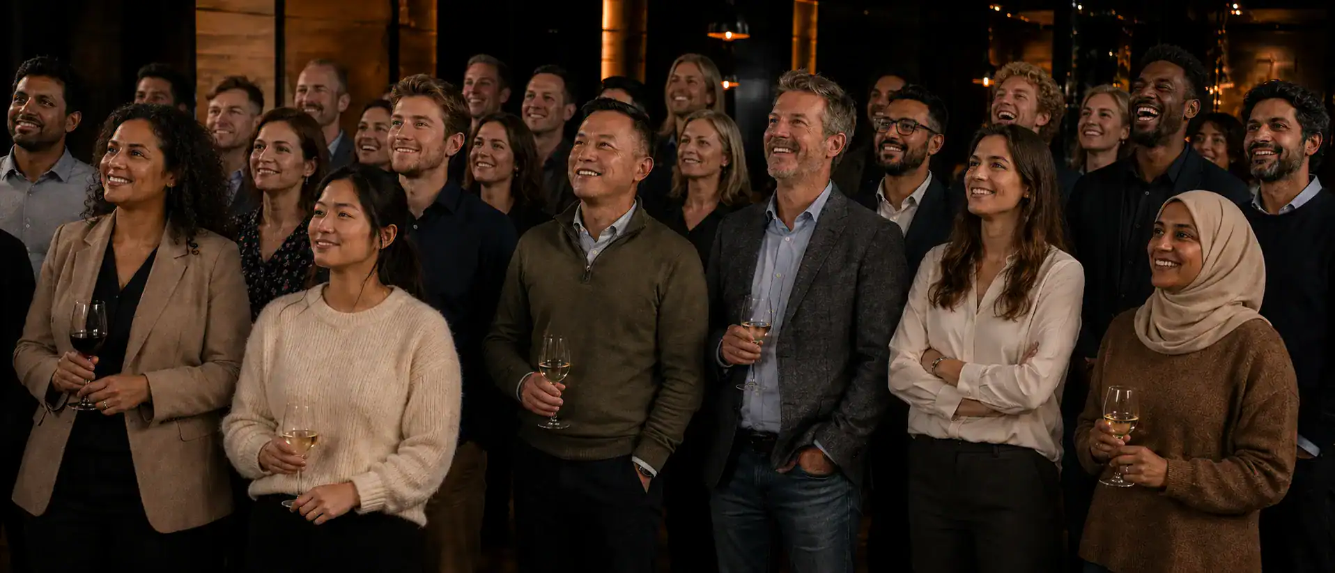 Collega's lachen en overleggen tijdens een bedrijfsuitje met professionele acteurs in warm avondlicht - wat kost een bedrijfsuitje