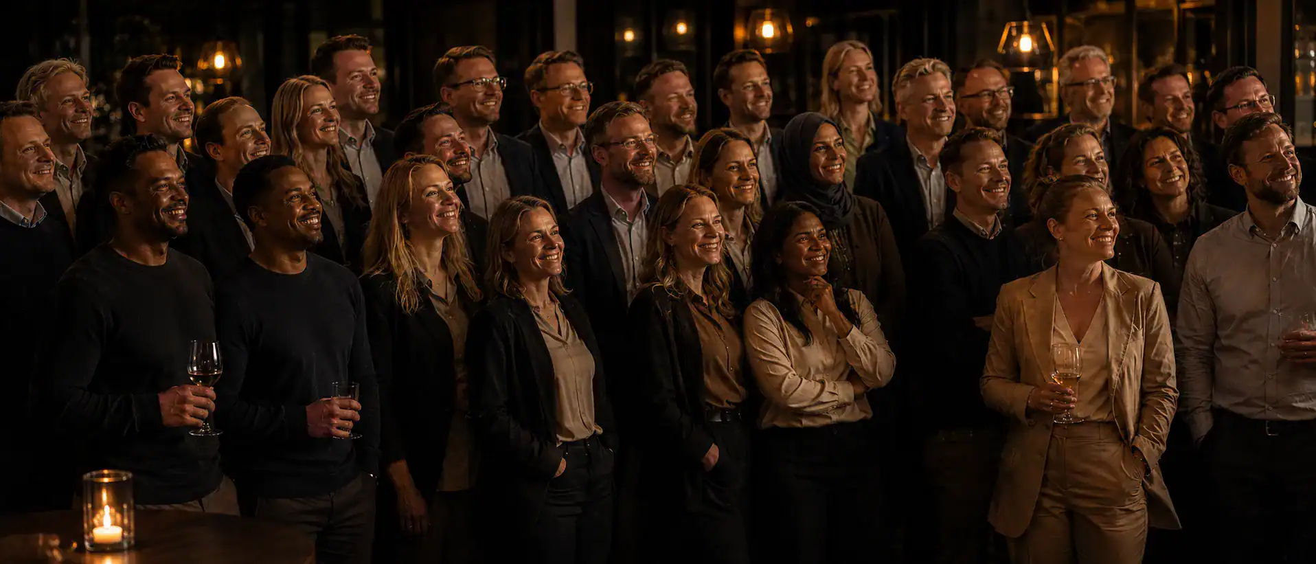 Groep Nederlandse collega's geboeid kijkend tijdens een filmisch teambuilding-event met warm goudlicht